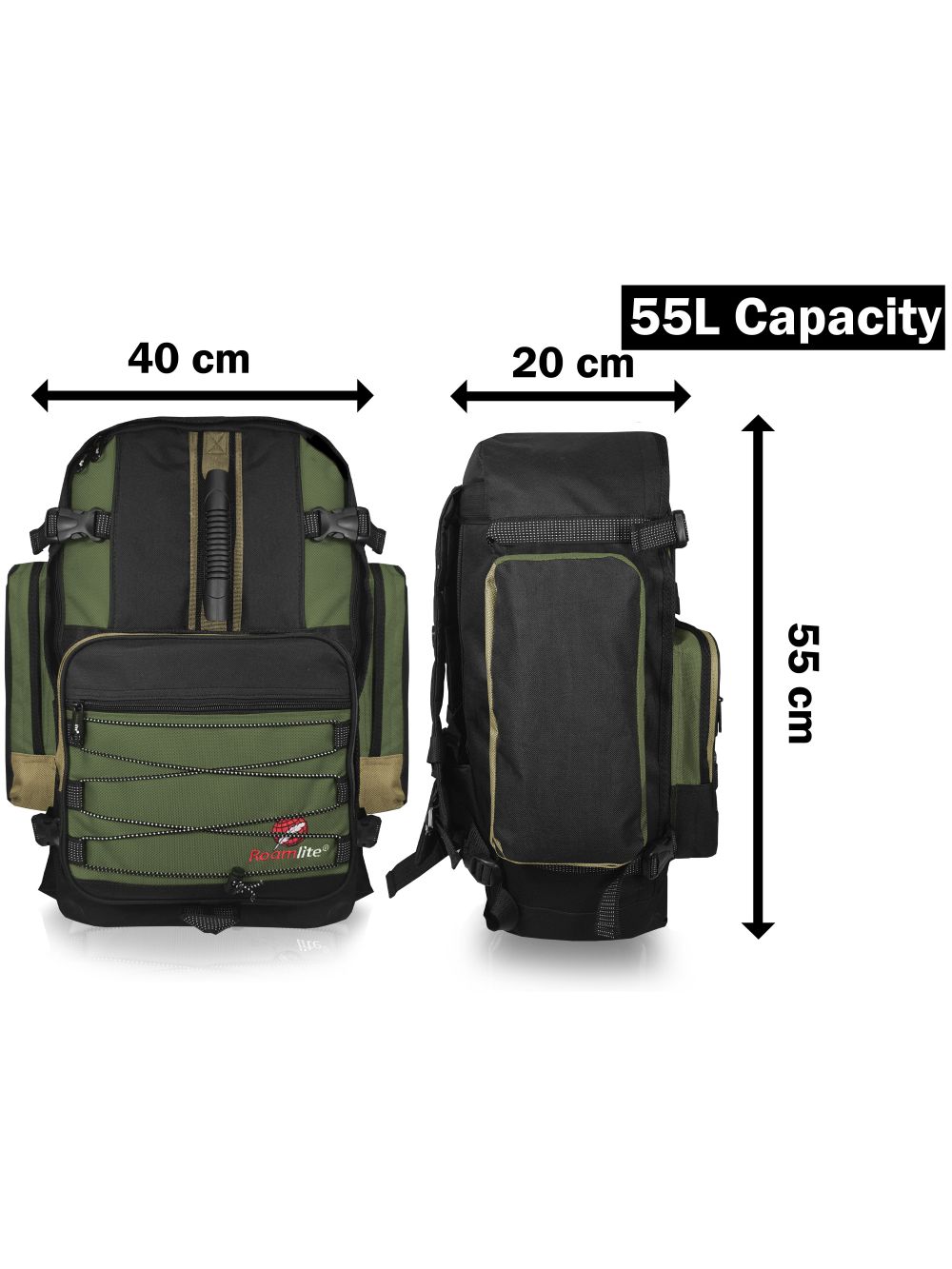 Roamlite Camping Backpack Green Polyester RL55 measurements