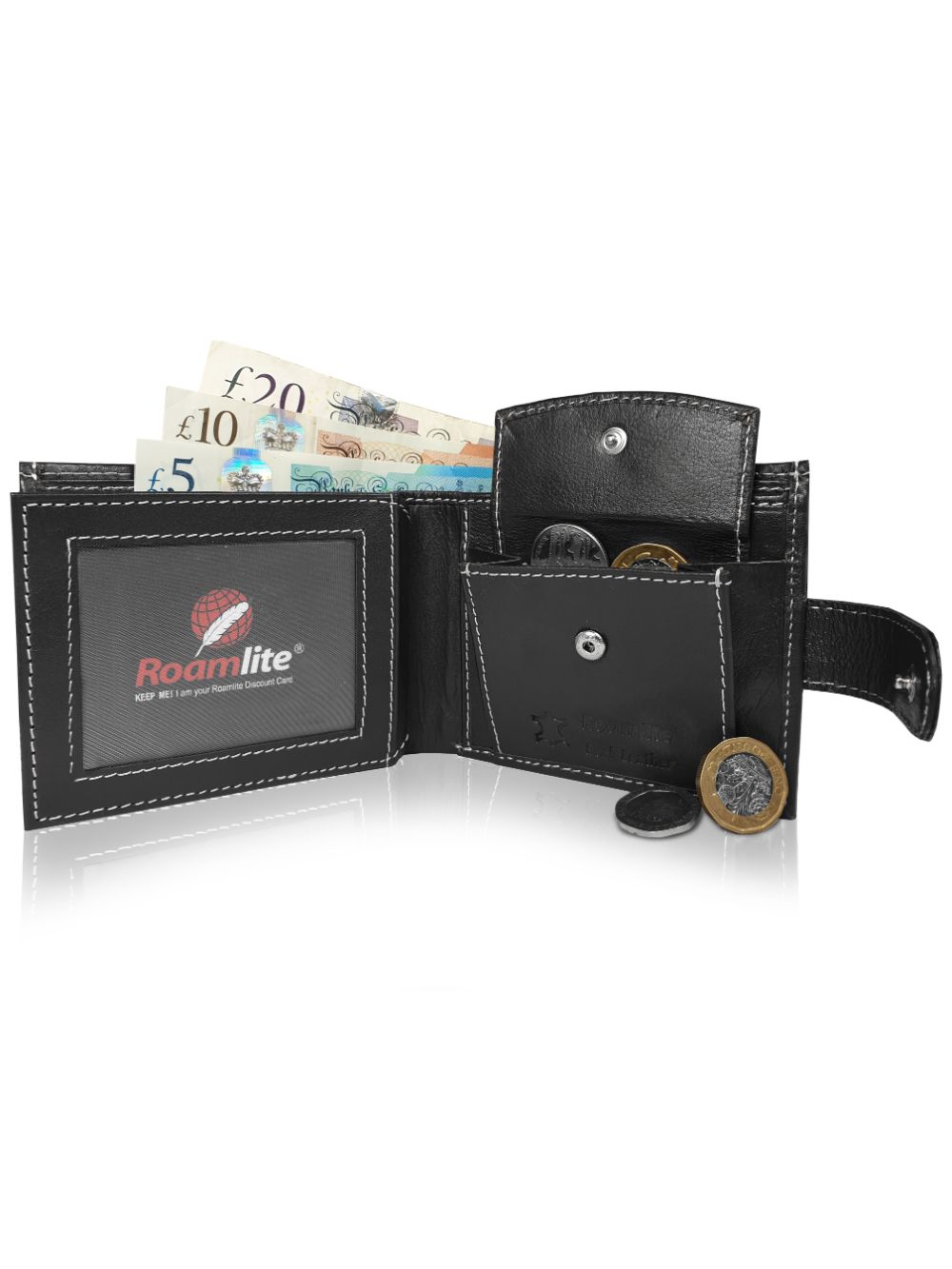 Roamlite Mens Wallet Black Leather RL507 open 1