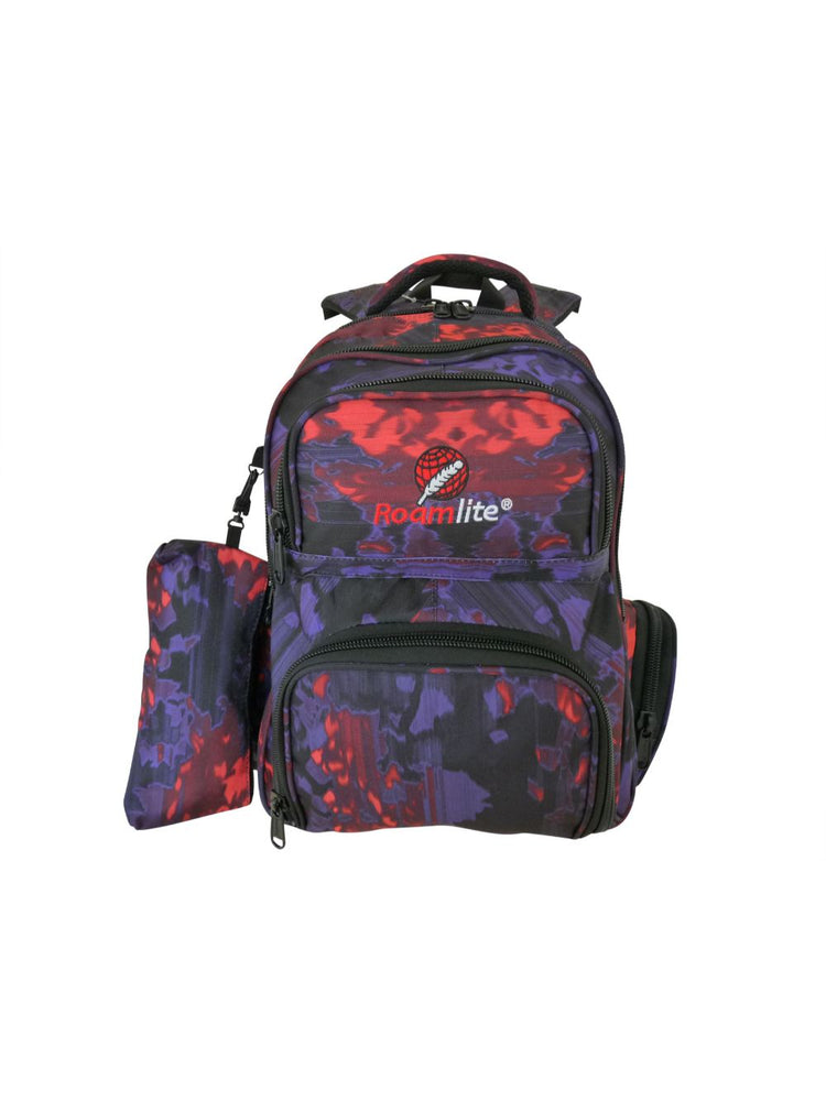 Load image into Gallery viewer, Roamlite Childrens Backpack Purple Orange Funky Water pattern RL838 front