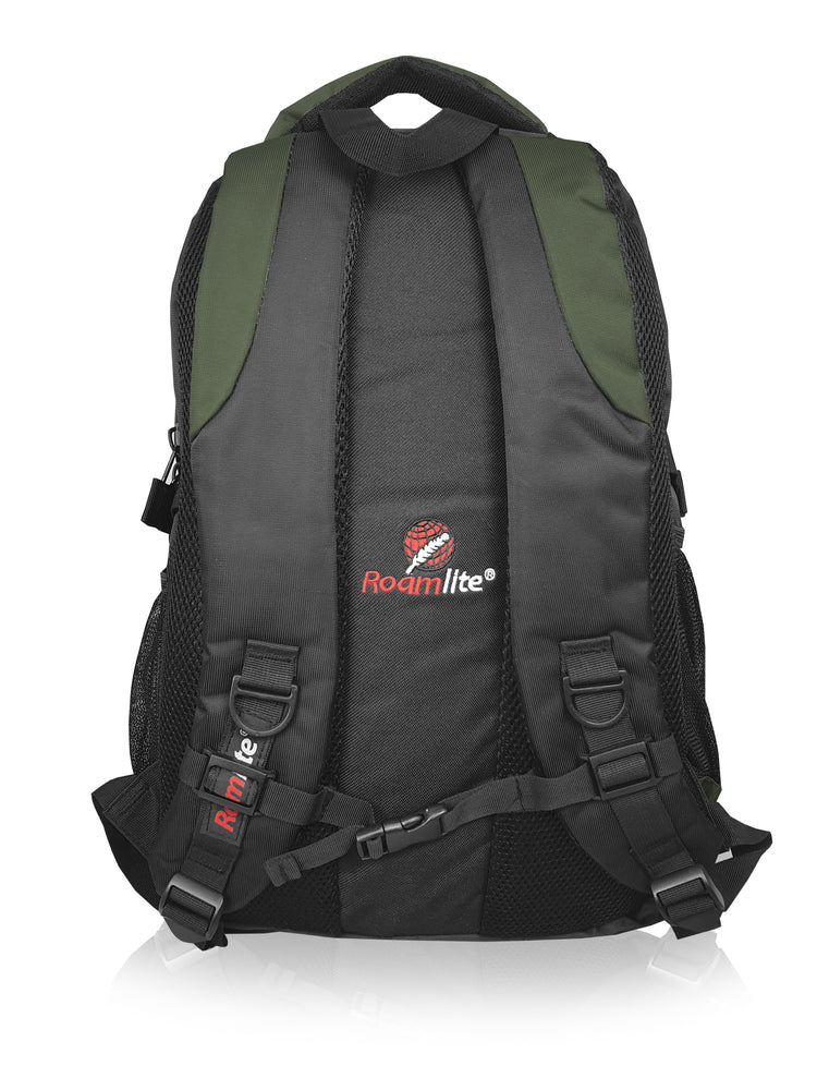 Load image into Gallery viewer, Roamlite School Backpack Black Green Polyester RL18 back