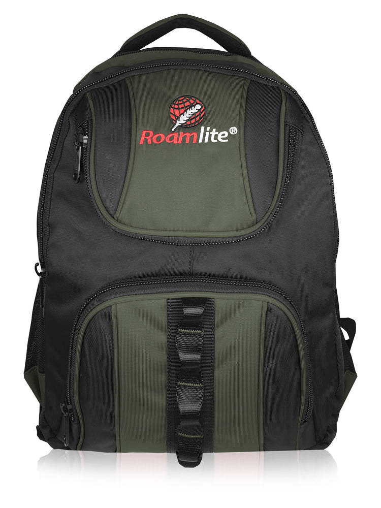 Load image into Gallery viewer, Roamlite School Backpack Black Green Polyester RL18 front