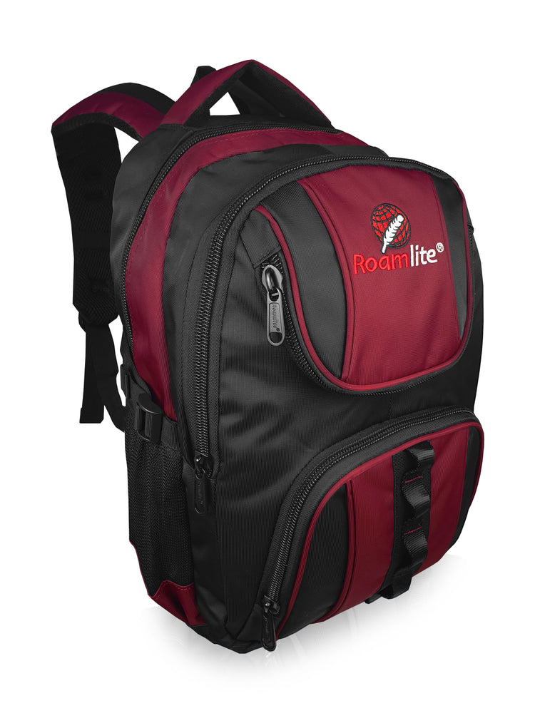 Load image into Gallery viewer, Roamlite School Backpack Black Red Polyester RL18 side